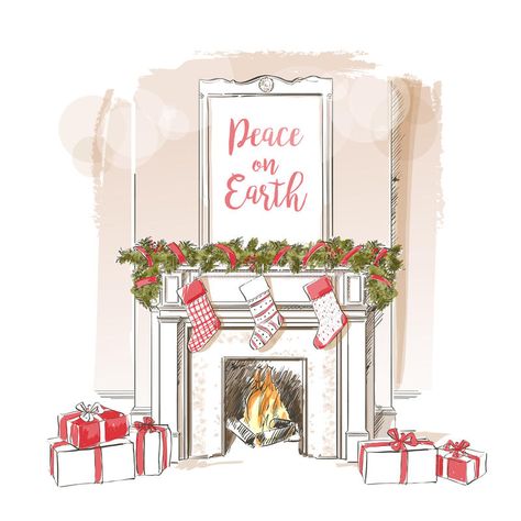 Fireplace Illustration, Fire Home, Fireplace Drawing, Christmas Tree And Fireplace, Tree Winter, Merry Christmas Ya Filthy Animal, Cute Christmas Wallpaper, Aesthetic Christmas, Christmas Fireplace