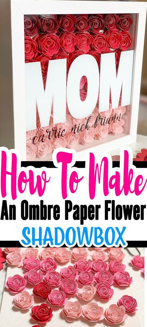 You learned How To Make Paper Rose now what to do with them. One of my favorite paper rose projects is the Ombre paper flower shadow box. #cricutmade Cricut Paper Flowers, Shadow Box Diy, Paper Flower Shadow Box, Free Calligraphy, Paper Rose Template, Calligraphy Worksheet, Paper Flower Garlands, Rolled Paper Flowers, Flower Shadow