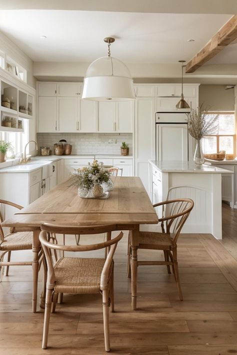 Natural Aesthetic Kitchen, Natural Cottage, Open Plan Dining, Organic Farmhouse, Kitchen Cream, White House Interior, Scandinavian Dining Room, Dining Room Ideas, Wooden Floors