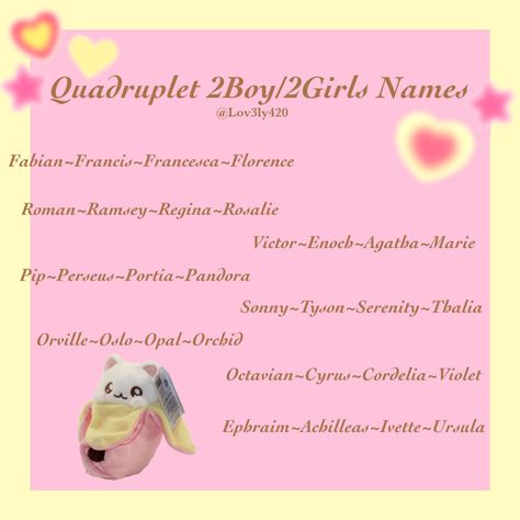 Quadruplet 2boys/2 girls Names *⚠️These names weren’t made with the intention for children, simply just based off a theme and can be used for purposes such as character creation, story writing etc⚠️* Quadruplets Aesthetic, Triplet Names, Random Names, Oc Names, Mystical Names, Twin Names, Goddess Names, Sweet Baby Names, Writers Help