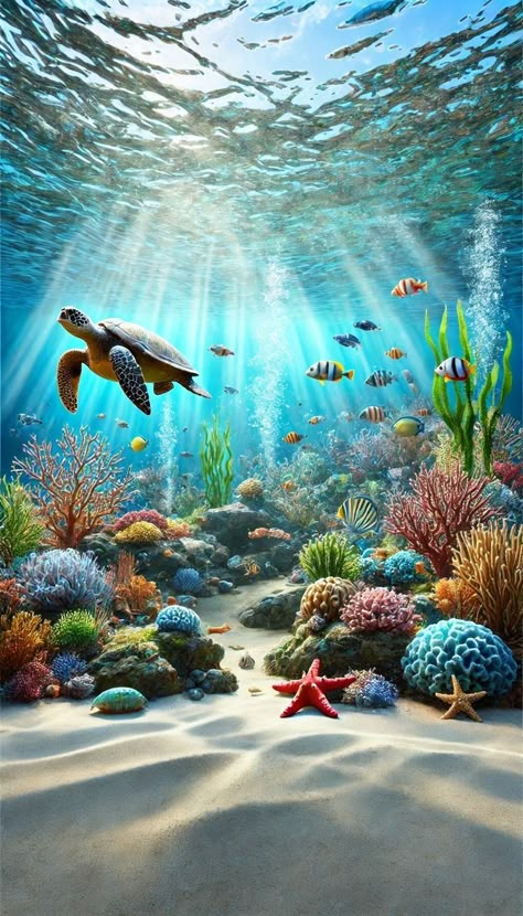 Underwater Creatures Art, Ocean Fish Wallpaper, Underwater Turtle, Sea Turtle Wallpaper, Ocean Creatures Art, Colorful Sea Creatures, Sea Life Wallpaper, Coral Reef Ecosystem, Marine Life Art