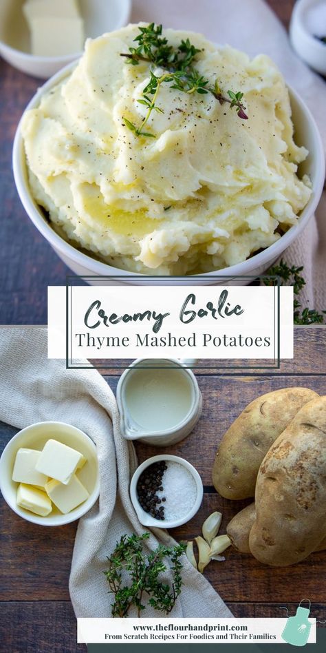 a bowl of mashed potatoes on a table with whole russets, butter, cream, garlic, and thyme. Gourmet Mashed Potatoes, Flavored Mashed Potatoes, Mashed Potatoes Thanksgiving, Classic Mashed Potatoes, Buttery Mashed Potatoes, Fluffy Mashed Potatoes, Homemade Mashed Potatoes, Comfort Food Chicken, Infused Butter