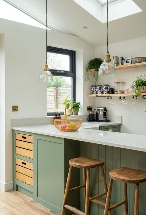 Sage Green Shaker Kitchen, Interior Open Space, Living Room And Kitchen Ideas, Open Space Living Room And Kitchen, Small Kitchen Living Room, Small Kitchen Diner, Green Shaker Kitchen, Kitchen Ideas Apartment, Open Space Living Room