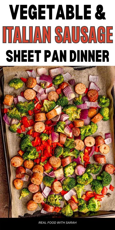 This easy sausage and veggies sheet pan meal is ready in just 30 minutes making it perfect for busy weeknight dinners.  The best part of this recipe is that it uses just 8 simple ingredients, including seasonings! Summer Sheet Pan Dinner Ideas, Sausage And Veggie Sheet Pan, Sheet Pan Italian Sausage, Vegetable Serving Size, Sausage Sheet Pan Dinner, Sausage And Vegetables, Sheet Pan Meals, Dinners Recipes, Easy Sheet Pan Dinners