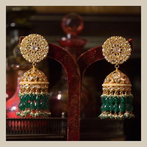 The classic Sabyasachi jhumka. Made in 22k gold, uncut diamonds, Japanese cultured pearls and Zambian emeralds. For all jewellery related queries, kindly contact sabyasachijewelry@sabyasachi.com #Sabyasachi #SabyasachiJewelry#TheWorldOfSabyasachi Jhumka Designs, Gold Jhumka Earrings, Sabyasachi Lehenga, Gold Pearl Jewelry, Sabyasachi Jewellery, Bridal Choker, Indian Jewellery Design Earrings, Antique Jewelry Indian, Gold Jewelry Sets