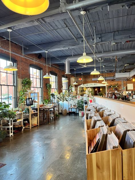 vintage record store inside aesthetic coffee shop Record Store Coffee Shop, Thrift Store Coffee Shop, Indie Coffee Shop Aesthetic, Record Store Cafe, Indie Coffee Shop, Vintage Coffee Shop Aesthetic, Aesthetic Record Store, Record Shop Aesthetic, Music Coffee Shop