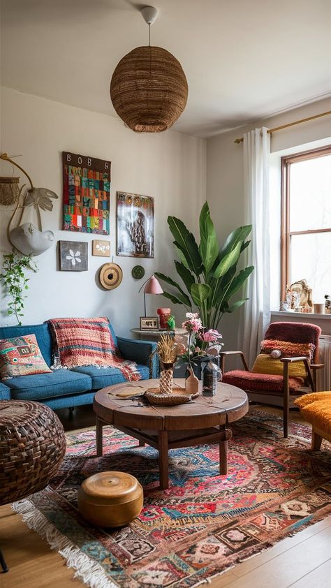 Boho living room with hippie decor Hippy Living Room, Hippie Living Room Ideas, Vintage Eclectic Living Room, Hippie Living Room Decor, Vintage Boho Living Room, 60s Room, 60s Living Room, Eclectic Boho Living Room, Living Room Hippie