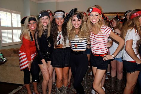 TCU Delta Gamma Pirate Theme! Pirate Bachelorette Party Outfits, Shipwreck Theme Party Outfits, Pirate Day At School Outfit, Pirate Themed Costumes, Pirate Dress Up, Toddler Birthday Themes, Cheers Theme, Golf Theme Party, Dance Uniforms