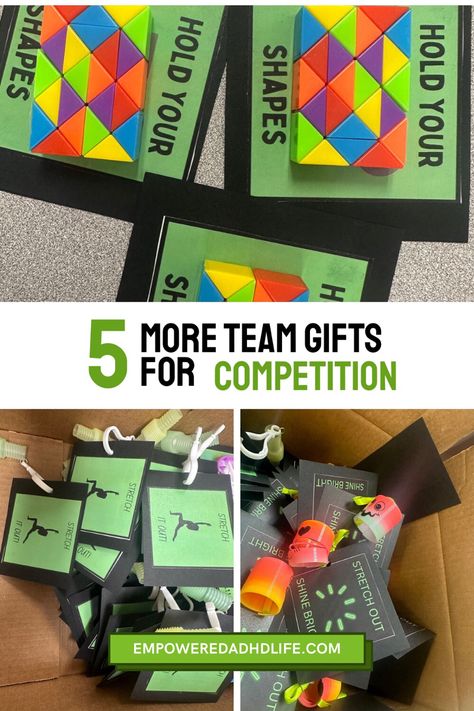 Creating inexpensive encouraging gifts for the team can be a great way to encourage team spirit. Fidget toys can be great to keep young gymnasts occupied and low stress while they wait to compete. And including everyone can be nice for those that may not be able to afford the merchandise sold at competitions. Gymnast Gifts For Meets, Gymnastics Gift Ideas Goodie Bags, Gymnastics Survival Kit, Encouraging Gifts, Slinky Toy, Pop It Toy, Young Gymnast, Competition Leotard, Gymnastics Competition