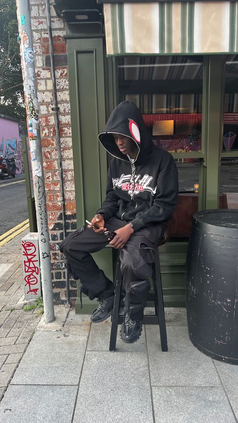 Outfit details: Love4all black spiderman hoodie, black cargos, black balenciaga led tracks. Balenciaga Track Outfit Men, Balenciaga Track Outfit, Balenciaga Outfits, Cargos Black, Track Outfits, Spiderman Hoodie, Black Cargos, Black Spiderman, Black Balenciaga