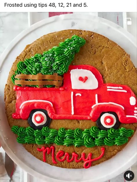 Red Truck Cake, Santa Cookie Cake, Gingerbread Cookie Cake, Christmas Tree Ice Cream, Cake Frosting Designs, Emily Hutchinson, Christmas Cookie Cake, Cookie Cake Designs, Chewy Gingerbread Cookies