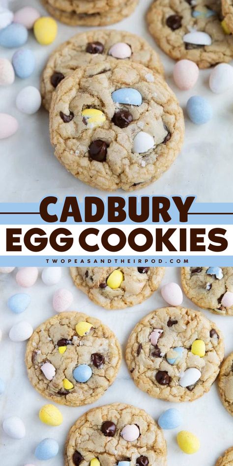 These Cadbury Egg Cookies are an easy Easter dessert recipe that starts with chocolate chip cookies with Cadbury Mini Eggs and toasted coconut. Add these homemade cookies to your Spring dessert ideas! Cadberry Eggs Cookies, Mini Easter Desserts, Cadbury Egg Cookies, Cookies For Spring, Spring Dessert Ideas, Jello Ideas, Easter Bakes, Cadbury Mini Egg Cookies, Healthy Easter Treats