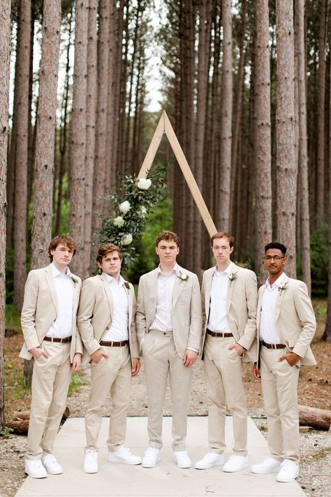 Twilight Inspired Wedding, Tan Groomsmen Suits, Wedding Twilight, Flutter Sleeve Wedding Dress, Neutral Bridesmaids Dresses, Tan Groomsmen, Tan Suit Wedding, Wedding Suit Groomsmen, Neutral Bridesmaids