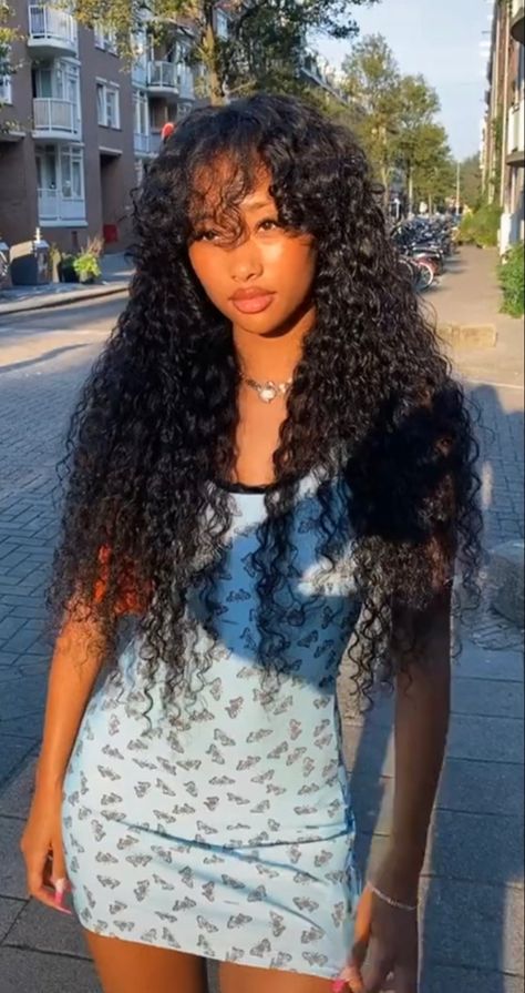 Curly Long Hair Black Women, Long Curly Black Hairstyles, Bangs On Long Curly Hair, Bangs With Long Hair Curly, Curly Sew In Weave With Bangs, Faceclaims Curly Hair, Long Curly Hair With Bangs Black Women, Black Girls Hairstyles With Bangs, Wavy Poofy Hair