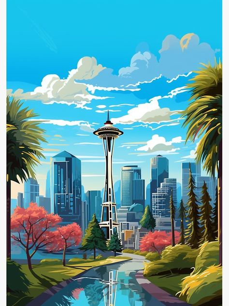 Seattle Illustration Art, Seattle Usa, Seattle Art, Washington Usa, Fantasy Images, Travel Illustration, Poster Vintage, Shadow Boxes, Seattle Washington