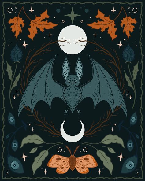 Bat Cute Art, Cute Bat Illustration, Pagan Illustration, Bats Illustration, Bat Artwork, Vintage Fish Poster, Bat Painting, Spooky Illustration, Bat Illustration