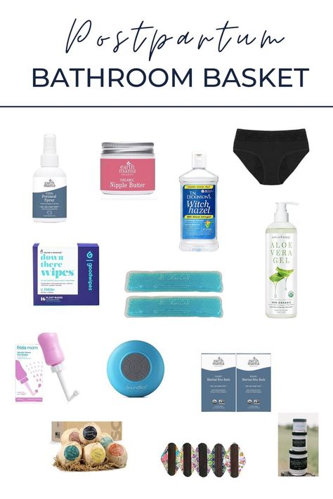 A graphic shows postpartum products for mama. Postpartum Bathroom Basket, Postpartum Bathroom, Postpartum Basket, Bathroom Basket, Mama Natural, Earth Mama, Bathroom Baskets, Pregnancy Information, Birth Labor