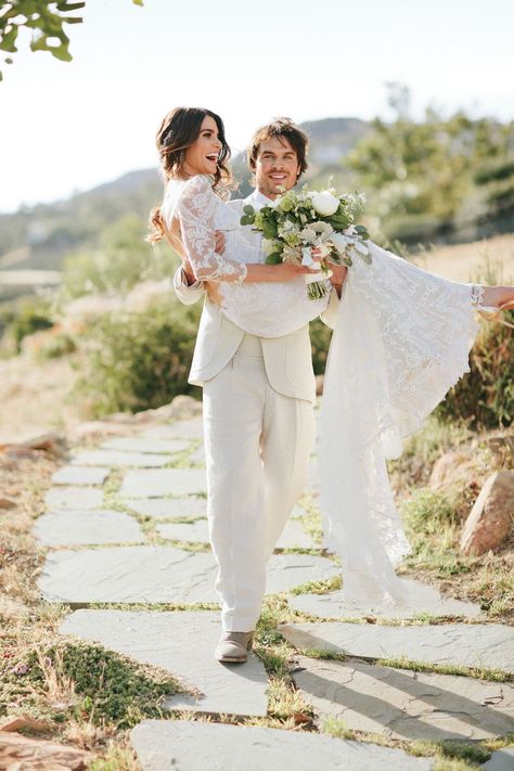 Ian Wore a White Bespoke Suit by Nedo Bellucci Nikki Reed Wedding, Kim Kardashian Wedding Dress, Ian Somerhalder Nikki Reed, Kim Kardashian Wedding, Kardashian Wedding, Famous Wedding Dresses, Celebrity Wedding Photos, Celebrity Wedding Dresses, Nikki Reed