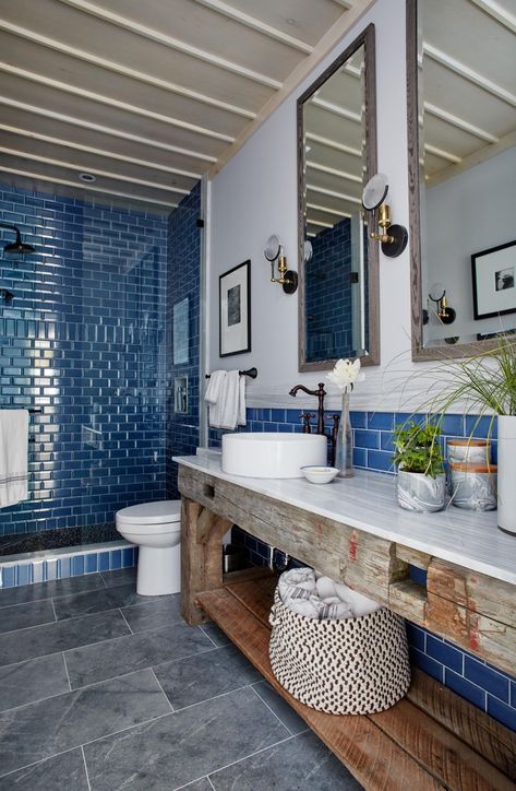 A Spa-Inspired Space Blue Shower Tile, Blue Subway Tile, Subway Tile Showers, Sarah Richardson, Rustic Bathroom Vanities, Bad Inspiration, Basement Bathroom, Beach Bathrooms, Blue Bathroom