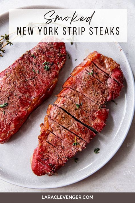 Smoked Steak Electric Smoker, Traeger Steak Recipes, Smoked New York Strip Steak, Smoked Steaks, Traeger Steak, Trailer Recipes, Traeger Ideas, New York Steak Recipe, Smoker Meals