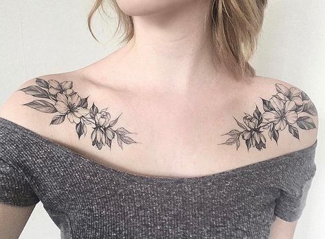 If you shy away from chest tattoos, you probably have two big (or small) reasons for doing so. Sure, there's nothing subtle about tatting up your tatas, but Full Arm Sleeve Tattoo, Collarbone Tattoo, Bone Tattoos, Chest Tattoos For Women, Healing Tattoo, Shoulder Tattoos For Women, Full Sleeve Tattoos, Collar Bone Tattoo, Collar Bone