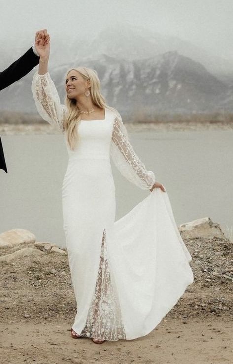 Square Neck Wedding Dress, S Wedding Dress, Modest Wedding Dresses With Sleeves, Utah Wedding Dress, Madison Wedding, Temple Dress, Modest Wedding Dress, Utah Bride, Fancy Wedding Dresses