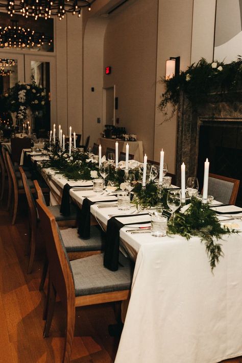 Black And White Winter Wedding, Candles Tablescape, White Candles Wedding, Winter Wedding Table Decorations, Centerpiece Candles, Long Table Centerpieces, Hotel Wedding Receptions, Winter Wedding Table, Long Table Wedding