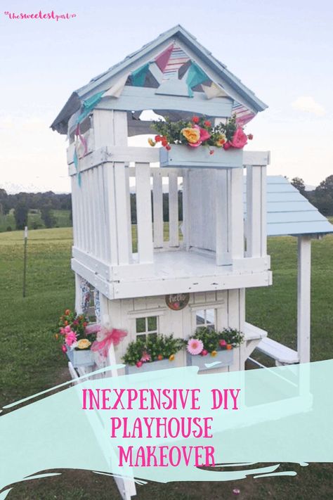 Do you have wooden outdoor plalyhouse that needs a facelift? A little paint & few tips will turn your worn wood playset into a beautiful backyard cottage for your kids! Great Before & After Pictures! #woodenplayhouse | #simplemakeover | Wood Playhouse Makeover, Outdoor Playset Makeover, Diy Playhouse Makeover, Painted Playhouse, Playset Makeover, Playhouse Makeover, Wood Playhouse, Diy Playhouse, Kids Play Set