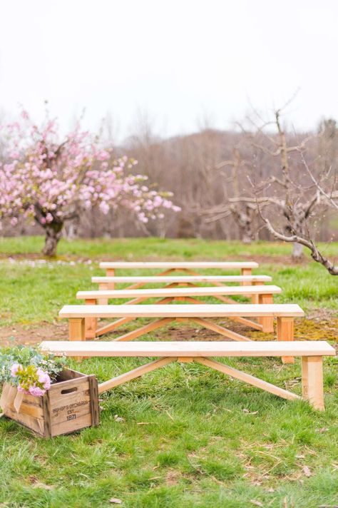 wedding ceremony benches Outdoor Wedding Ceremony Seating, Simple Outdoor Wedding Ceremony, Wedding Benches, Simple Outdoor Wedding, Wedding Bench, Apple Orchard Wedding, Wedding Ceremony Seating, Romantic Outdoor Wedding, Spring Wedding Bouquet