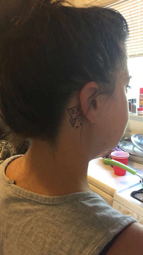 Behind The Ear Owl Tattoo, Small Owl Tattoos For Women, Tattoos For Women Behind Ear, Small Owl Tattoos, Small Behind The Ear Tattoo, Owl Tattoos For Women, Tiny Owl Tattoo, Bow Tie Tattoo, Simple Owl Tattoo