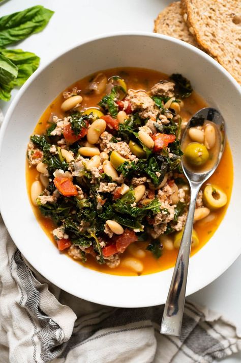 Mediterranean Ground Turkey Stew - iFoodReal.com Healthy Ground Turkey Soup, Ground Turkey Stew, Mediterranean Seasoning, Turkey Stew, Mediterranean Meals, Tomato Broth, Gobble Gobble, Stew Recipe, Cannellini Beans