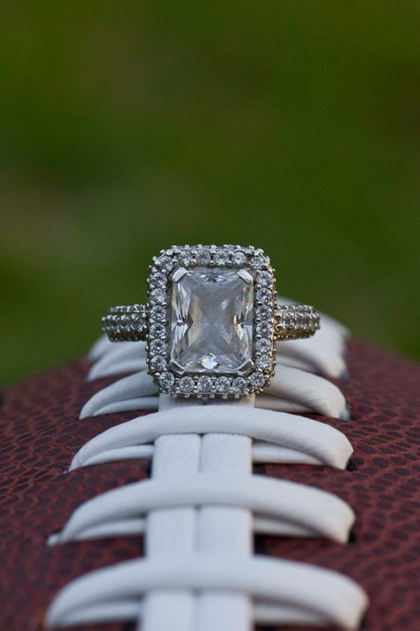 Football Engagement Pictures, Football Wedding Theme, Themed Engagement Photos, Football Wedding, Engagements Pictures, Ring Photography, Engagement Pic Ideas, Sports Wedding, Engagement Picture Ideas