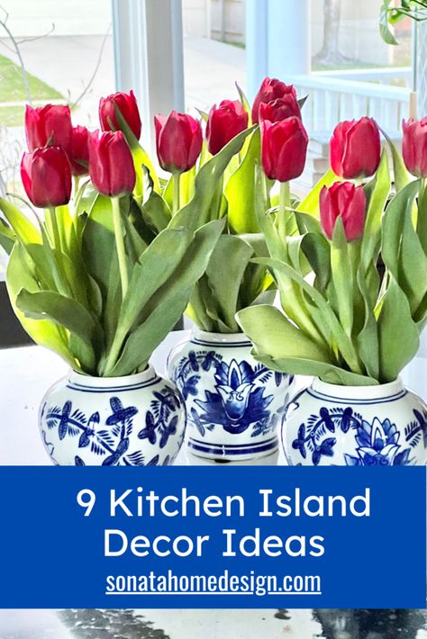 9 Kitchen Island Decor Ideas Vase Of Flowers On Kitchen Island, Red Kitchen Accessories Color Schemes, Red Islands In Kitchen, Valentine’s Day Island Decor, Kitchen Island Decor Centerpieces, Island Decor Ideas, Easy Home Decor Ideas, Red Kitchen Island, Red Pendant Lights Over Kitchen Island