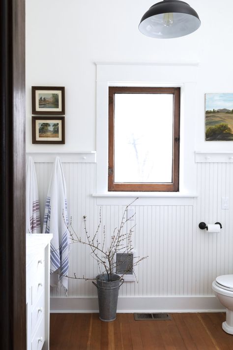 Farmhouse Main Bathroom, Bathroom Budget, The Grit And Polish, Grit And Polish, Beadboard Bathroom, Wainscoting Bathroom, White Wainscoting, Remodel Bathroom, Downstairs Bathroom