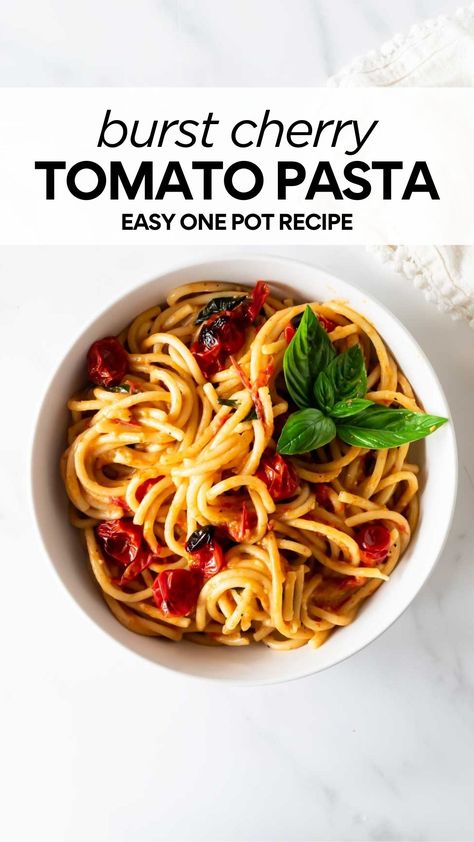 Packed with the flavors of fresh tomatoes, basil, and garlic– there's so much to love about this burst cherry tomato pasta. Ready in 25 minutes and comes together in 1 pot, it's a quick option for busy weeknights. Pair with baked salmon, chicken, or enjoy on its own. #onepotpasta Burst Cherry Tomato Pasta, Pasta With Cherry Tomatoes, Cherry Tomato Pasta, Homemade French Fries, One Pot Pasta, Tomato Pasta, Cherry Tomato, Baked Salmon, Easy Pasta