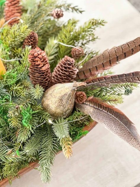 Bowl Christmas Centerpiece, Dough Bowl Christmas Centerpiece, Dough Bowl Christmas, Christmas Dough Bowl, Pheasant Feather Decor, Woodland Centerpiece, Natural Holiday Decor, Dough Bowl Centerpiece, A Simple Christmas