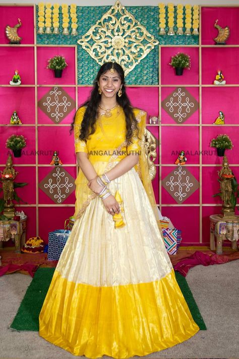 Shiny Lehenga, Pattu Lehenga Half Saree, Model Blouses, Kanchivaram Saree, Haldi Dress, Langa Voni, Lehenga Saree Design, Half Saree Lehenga, Half Sarees