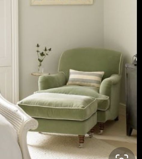 Green Chair Living Room, Modern Farmhouse Desk, Townhouse Renovation, Snug Room, Sage Green Bedroom, Victorian Townhouse, Upholstery Armchair, Green Armchair, A Family Of Four