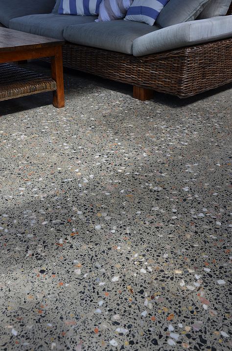 #concrete #polishedconcrete #grindandseal Terrazo Flooring, Concrete Floors Living Room, Aggregate Patio, Concrete Floors In House, Honed Concrete, Urban Courtyards, Exposed Aggregate Concrete, Aggregate Concrete, Terrace Floor