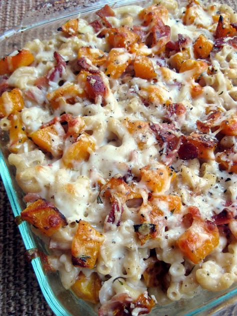 Roasted Butternut Squash and Bacon Pasta Butternut Squash And Bacon, Butternut Squash Bacon, Pasta With Bacon, Bacon Pasta, Butternut Squash Recipes, Roasted Butternut Squash, Roasted Butternut, Squash Recipes, Casserole Dish