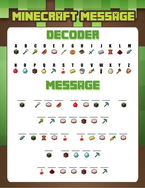 http://www.freeminecraftprintables.com/2015/01/decoder.html Minecraft Themed Activities, Minecraft Learning Printables, Minecraft Learning Activities, Minecraft Birthday Games Activities, Minecraft Birthday Activities, Minecraft Party Ideas Games, Minecraft Crafts For Kids, Minecraft Code, Minecraft Party Activities