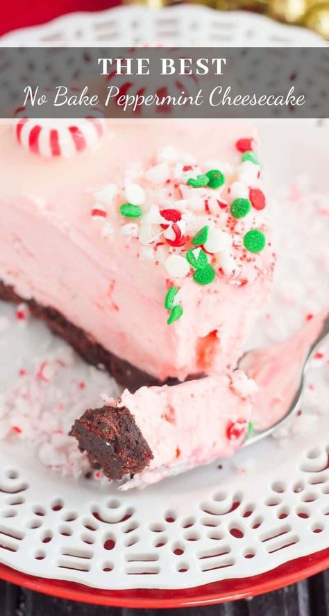 This No Bake Peppermint Cheesecake is smooth, creamy, and filled with the flavors of the holidays. From the Oreo cookie crust, to the peppermint candies and white chocolate ganache on top, this easy sweet treat is a must-make for dessert! #cheesecake #nobakecheesecake #cheesecakerecipes #peppermintcheesecake #holidayrecipes #holidaydessert #dessert Peppermint Bark Cheesecake Recipe, No Bake Peppermint Cheesecake, Peppermint Bark Cheesecake, Peppermint Recipes, Peppermint Fudge, Peppermint Ice Cream, New Year's Desserts, Peppermint Cheesecake, Peppermint Candies