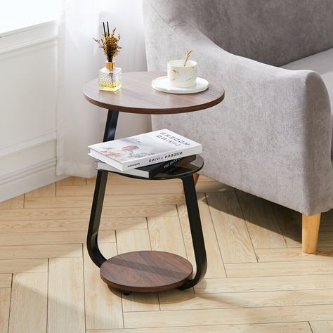 The side table is made of wood, glass and iron, and its unique shape leaves a deep impression on people. The three-layer desktop can store more things. This table is perfect for any modern room. It is fully assembled and ready for use when it arrives. Unique Accent Tables, Industrial Living Room Design, Unique Side Table, Diy Outdoor Furniture Plans, Perfect Coffee Table, Muebles Living, Simple Coffee Table, Wooden Side Table, Side Coffee Table