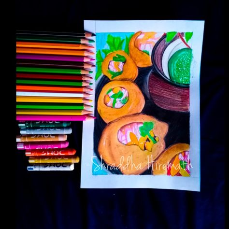 A fav dish whc has zero haters. Pani Puri, Oil Pastels, Oil Pastel, Colored Pencils, Coasters, Pencil, Pastel, Coloured Pencils