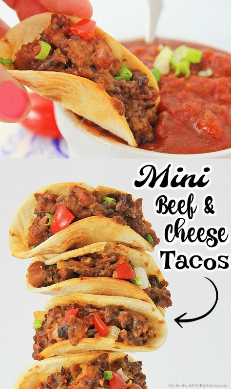 These Beef and Cheese Mini Tacos are absolutely delicious. Use them as an appetizer or a special dinner, but either way, these are going to be the best tacos you ever make. Tiny Tacos Recipe, Mini Beef Tacos, Nfl Snacks, Mini Tacos Recipe, Mini Taco Appetizer, Appetizers Mexican, Tiny Tacos, Taco Appetizers, Pizza Appetizer