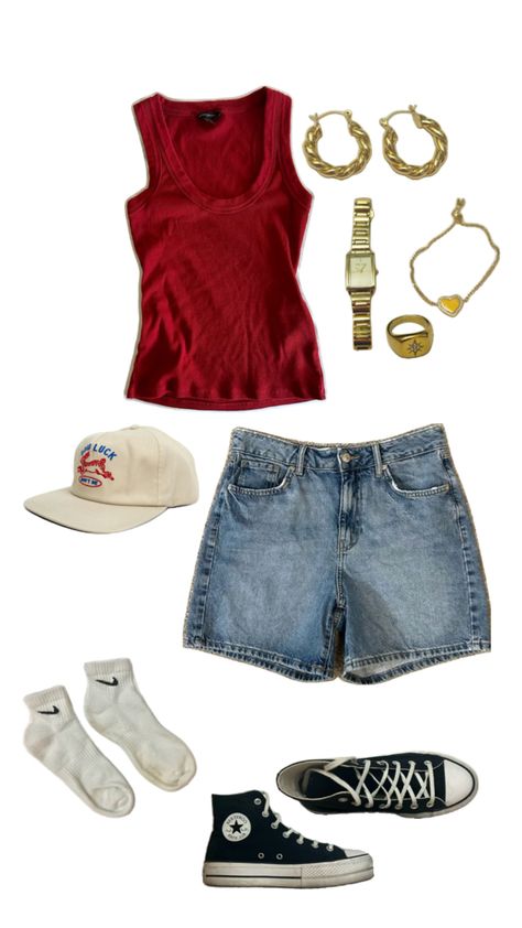 red tank top jean shorts gold jewelry hat summer outfit cute casual aesthetic Red Tank Top Outfit, Hat Summer Outfit, Tank Top Outfit, Cute Summer Outfit, Top Jean, Red Tank Top, Tank Top Outfits, Hat Summer, Top Outfit