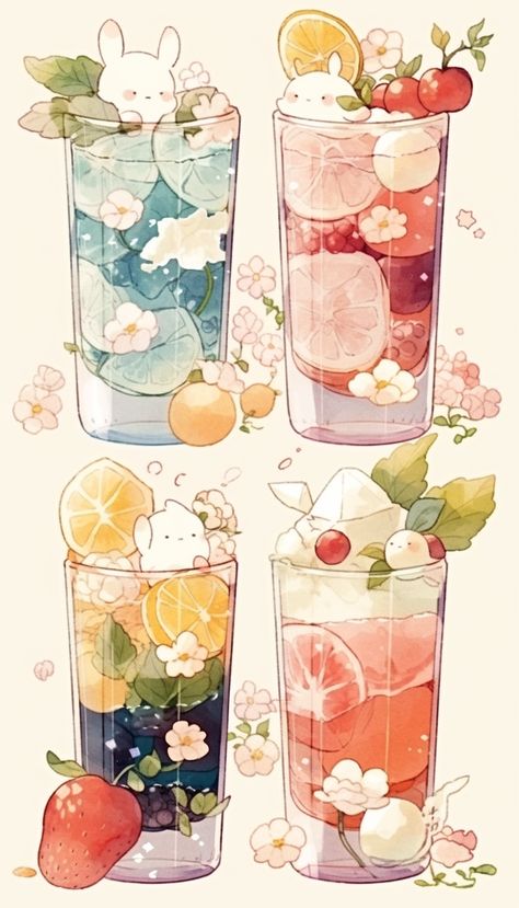 Drinks Art Illustration, Cute Drink Drawings Aesthetic, Food Beverage Design, Cute Smoothie Drawing, Cute Drinks Drawing, Kawaii Drinks Drawing, Drink Art Illustration, Fruit Tea Aesthetic, Cute Drink Drawings