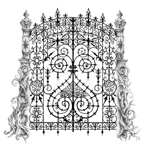 tattoo design cemetery gate Gates Tattoo, Gates To Heaven, Gate Tattoo, America Tattoo, Graveyard Tattoo, Heaven Tattoo, Tattoo Removal Cream, Cemetery Gates, Faded Tattoo