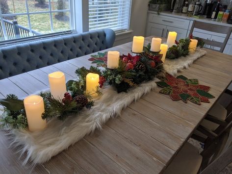 White Fur Table Runner Christmas, White Fur Table Runner, Fur Table Runner, Candle Runner, Fur Table, Battery Powered Candles, Christmas Tables, Christmas Table Decor, Christmas Runner