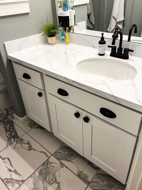 Restroom Counter Top Ideas, Contact Paper Bathroom Counter, Bathroom Counter Peel And Stick, Bathroom Counter Contact Paper, Bathroom Counter Top Ideas, Almond Countertop Bathroom, Faux Marble Countertop And Backsplash, Bathroom Marble Countertop, How To Paint Cultured Marble Vanity Tops